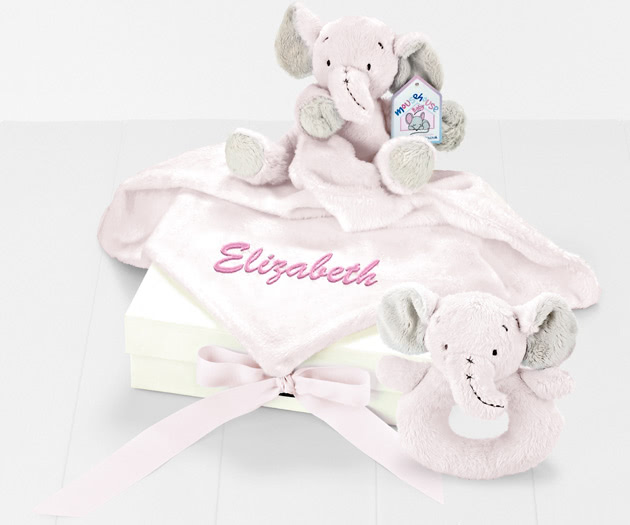 Personalised Comforter & Ring Rattle Gift Box in Pink